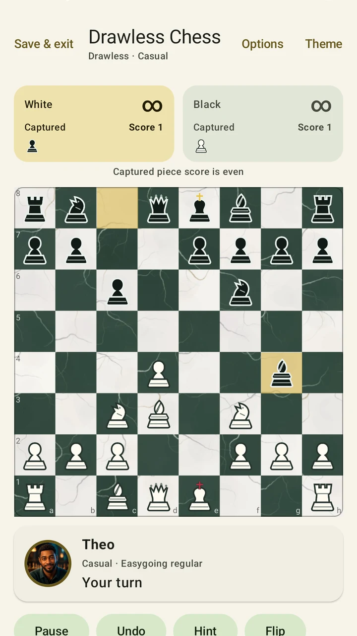 Drawless Chess game against Theo on the Imperial Marble board.