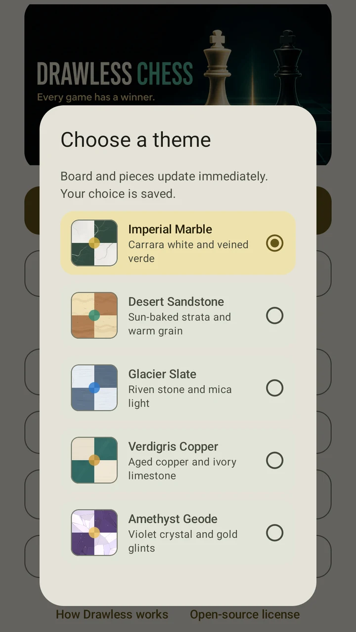 Theme picker showing five Drawless Chess board styles.